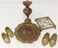 Lot of 8 Brass Items: Vase, Trays, Shoes, Trivet