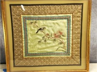 Japanese Silk Art Floral Bird Framed Glass