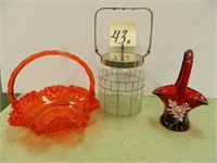 Red Decorated Glass Basket, Orange Glass Basket &
