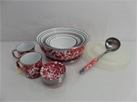 Lot of Red & White Enamelware Items