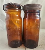 2 amber color vintage helmes rail road jars