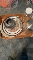 Assorted kitchen platters and glass canisters