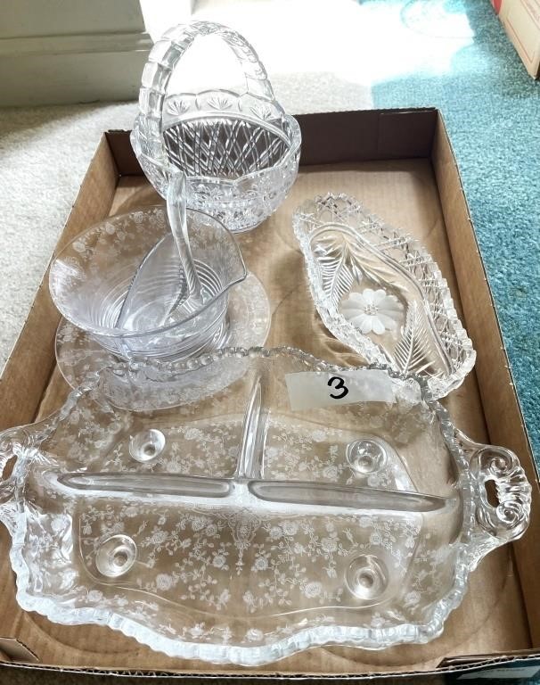 Elegant etched glassware, glass basket, etc.