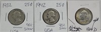 1932 1942 1964D 90% Silver Quarters