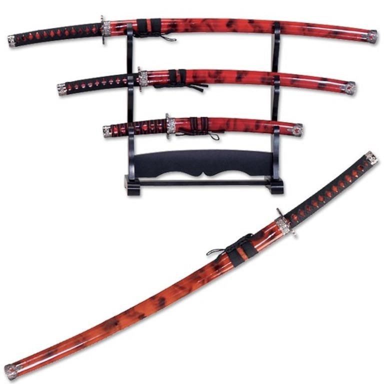 Authentic 3pc Katana Sword Set W/ Display Stand