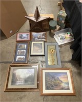 Large Lot Framed Art, Wooden Shelf, Holiday Boxes.