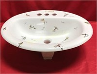 Porcelain Bathroom Sink w/ Fly Fishing Hook Scene