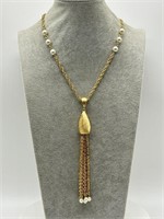 1980's Gold Tone Faux Pearl Dangle Necklace