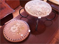 Two vintage small round footstools, one with