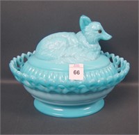 Westmoreland Blue Milk Glass Fox Covered Candy