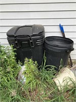 3 trash cans, flower pots, concrete mushrooms