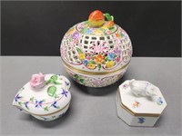 3 Hand Painted Herend Porcelain Jars
