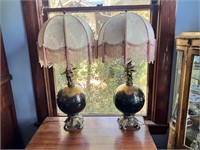 Pair of Globe Lamps with Cherubs Beaded Shades