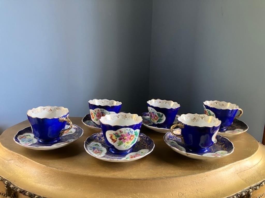 Six Cups & Saucers Blue Hand Painted Flowers