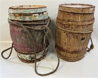 TWO RUSTIC PAINTED BEER KEGS W STRAPPING