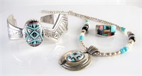 Sterling Turquoise Cuff, Necklace, Ring, Relios