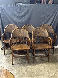 Five Oak dining arm chairs with curved cane and sp