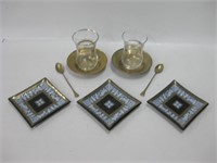 3 Glass Small Trays, 2 Glasses, Spoons & Brass