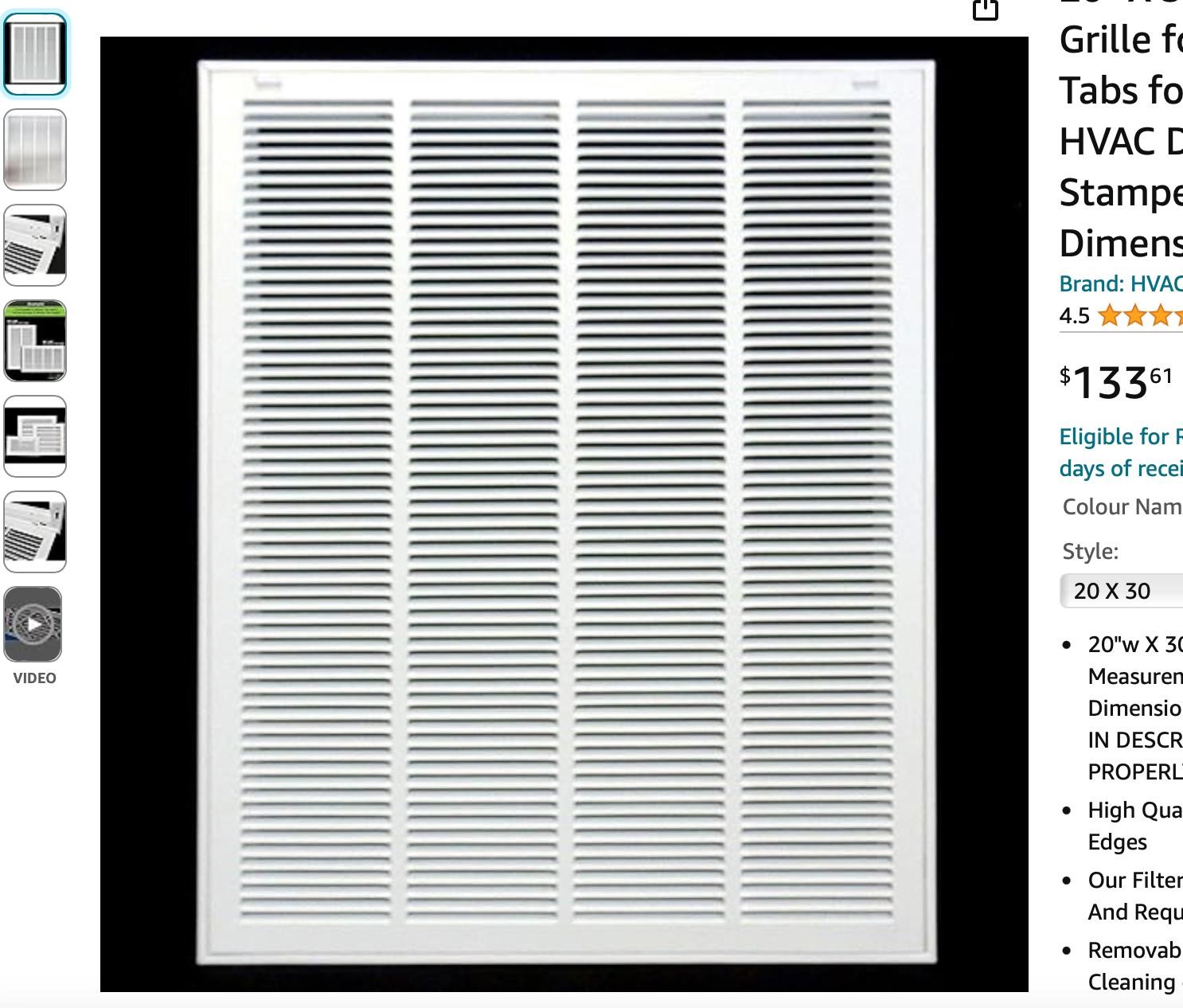 20" X 30" Steel Return Air Filter Grille for 1"