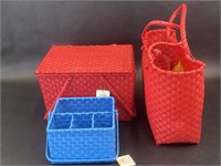 Red Woven Basket, Bag and Blue Woven Organizer