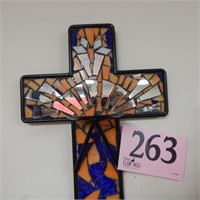 GLASS MOSAIC CROSS CANDLE HOLDER 14 IN