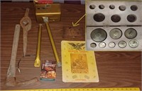 Old pickaxes gold scale weights metal detector etc