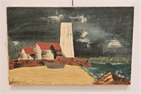 VINTAGE OIL ON CANVAS SEA LIGHT TOWER VIEW