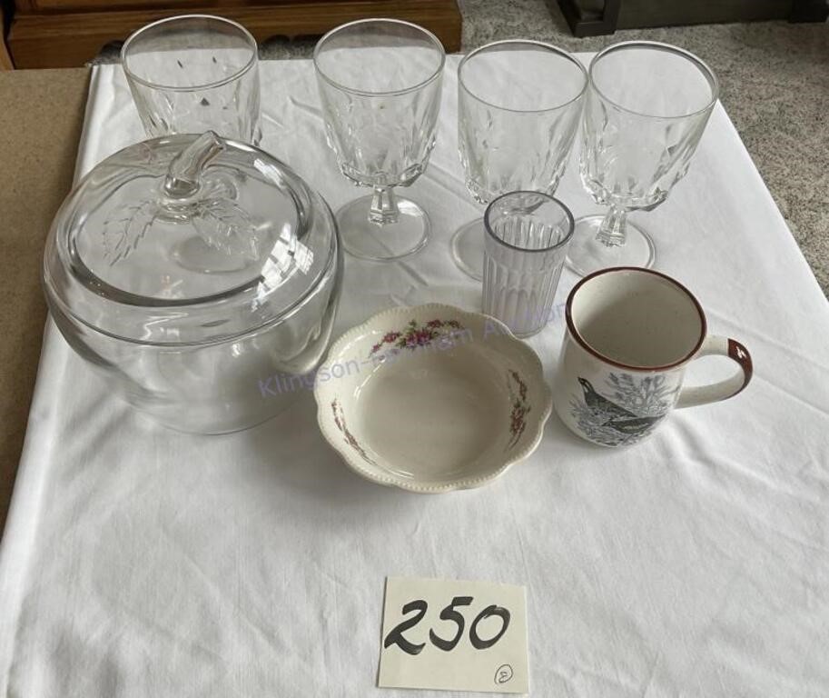 Miscellaneous glassware, drinking glasses, candy