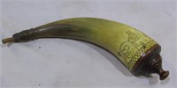 Engraved Powder Horn- folk art homestead design