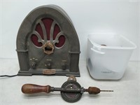 misc lot- antique radio, hand drill, ash tray, etc