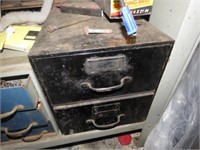2 DRAWER BLACK METAL CABINET AND CONTENTS
