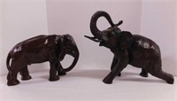 2 elephant figurines: Carved wood, 8" tall -