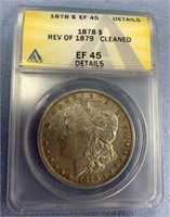 1878 Morgan silver dollar, reverse of 1879, 7 tail