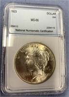 1923 Silver peace dollar, MS 66 by NNC