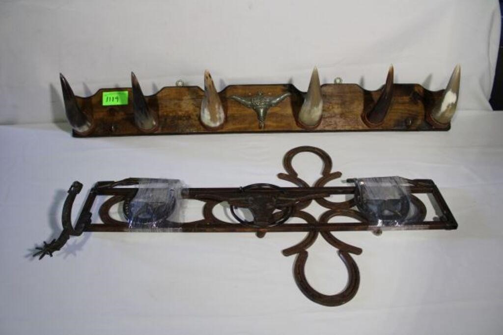 (1) Cow Horn Hat Rack, (1) Horseshoe Cross