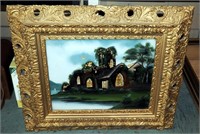 Vintage Reverse Painted Wood Frame Landscape Art