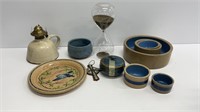 Pottery lot: oil lamp base, plates with bird,