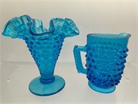 Vintage mini blue hobnail vase & pitcher