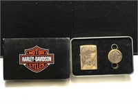 1998 Harley Davidson Brass Zippo & Key Fob Set