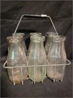 Vintage Metal Milk Bottle Wire Rack With Glass Mil