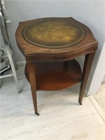 Vintage Round Wood w/ Leather Top Side Table