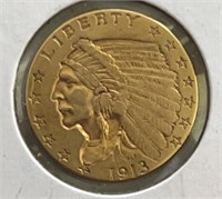 1913 $2.50 Gold Indian  AU