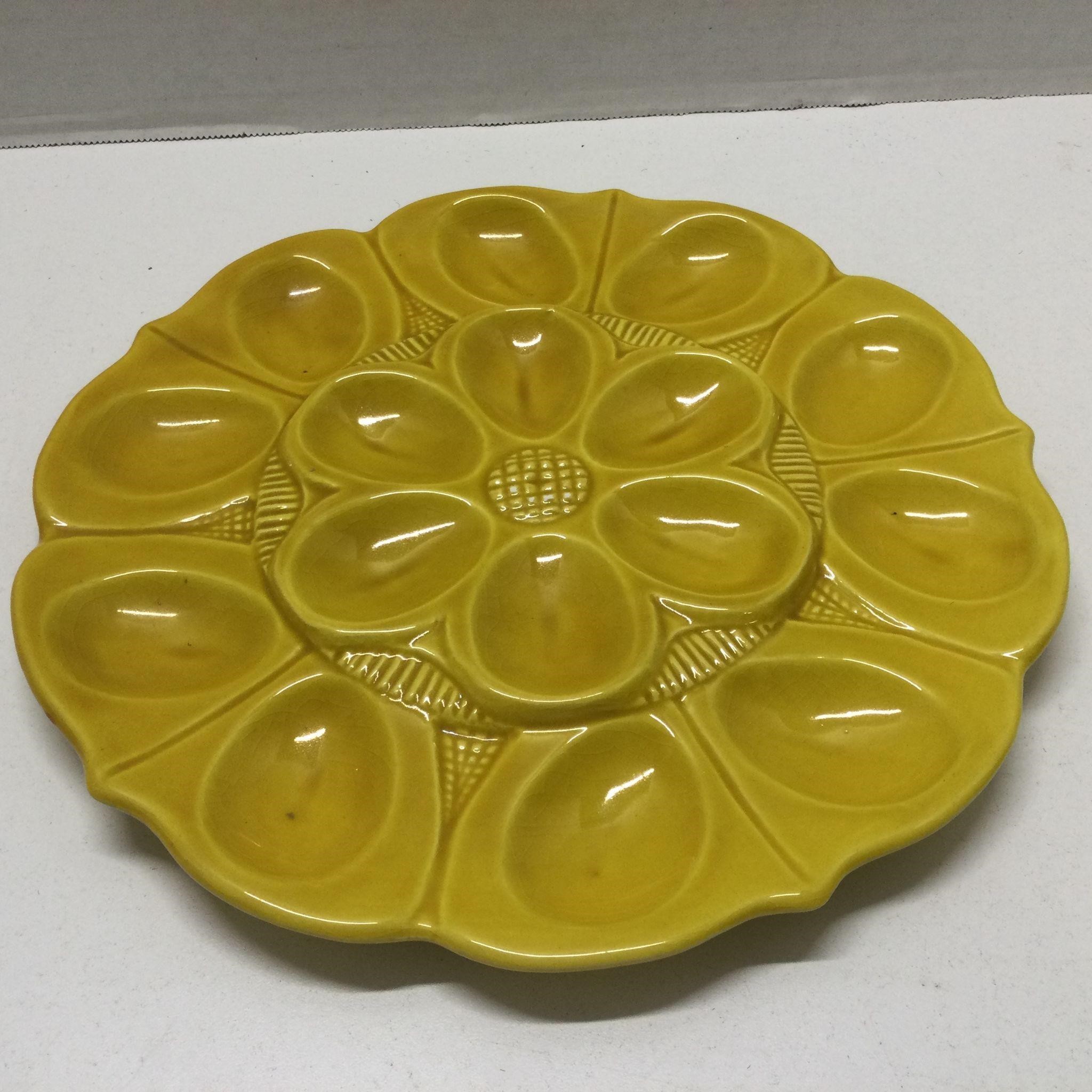 Vintage Yellow Pottery Deviled Egg Serving Plate