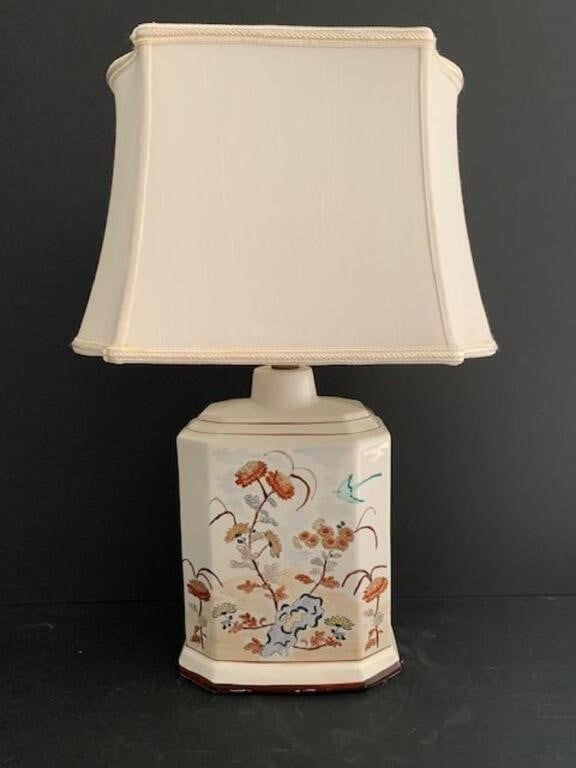 Hand Painted Porcelain Lamp w/ Silk Shade