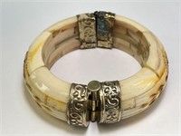 Antique Large Carved Bone/Sterling Bracelet 102 Gr