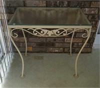 White wrought iron metal with glass top table