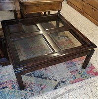Large Square wooden glass top coffee table.