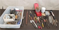 Bin of Assorted Tools, Drill Bits, Files, Box