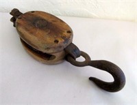 Primitive Barn Wood Pulley with Steel Hook