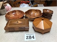 2 Wooden Boxes with Lids and Wooden Bowls